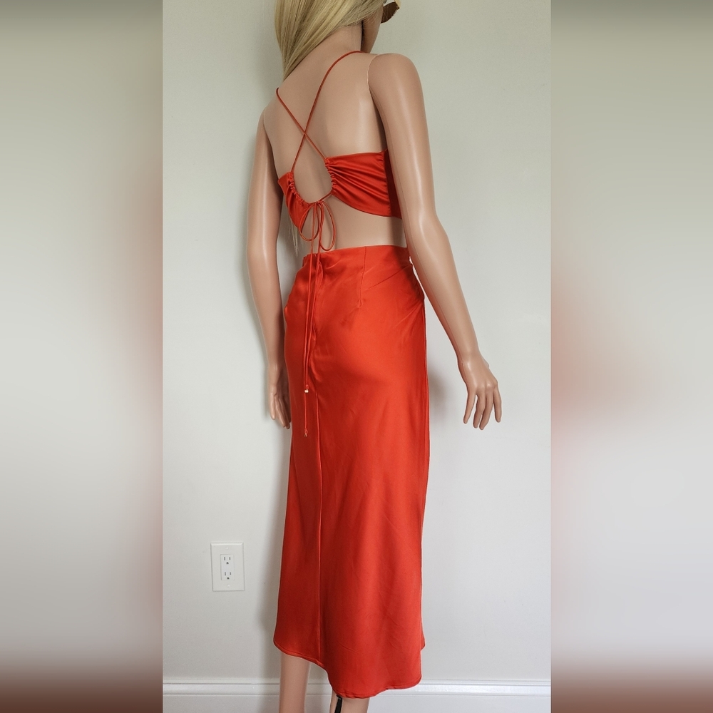 RED RUNWAY SEXY CUTOUT TIE SILKY SATIN FLOWY LIGHT MIDI DRESS LARGE L
